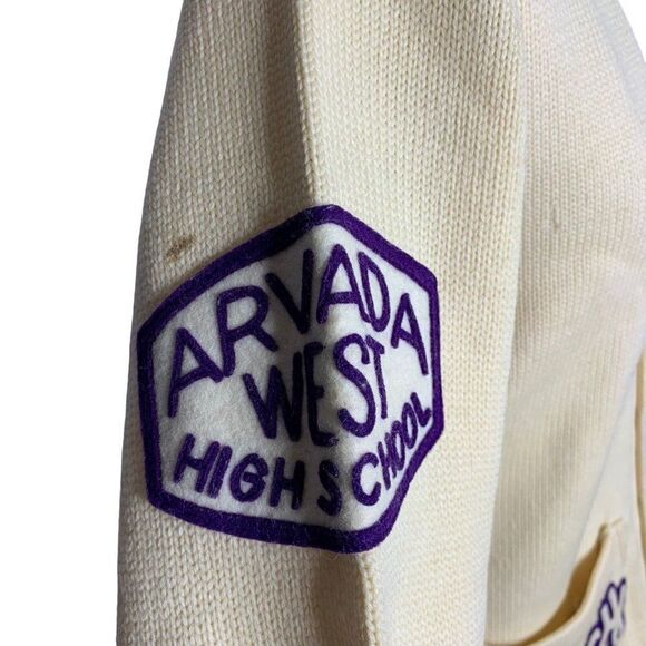 Vintage 70s Cardigan Varsity Sweater S Cream Wool Blend Pockets High School Band - Picture 6 of 12